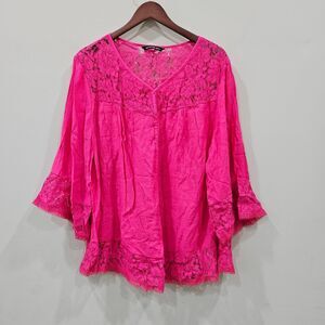 Zac & Rachel Women Button Front Top Plus Size Pink Lacey Fairy Romantic Feminine